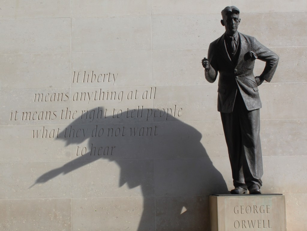 Statue of George Orwell by the British sculptor Martin Jennings outside Broadcasting House, the headquarters of the BBC in Central London