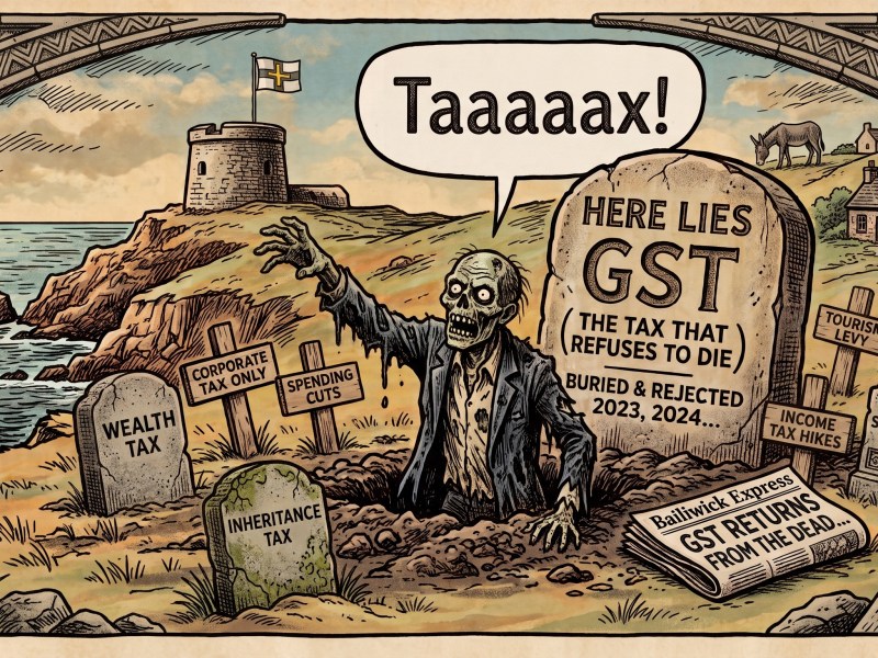 A newspaper-style political cartoon set on a Guernsey coastline, featuring a Guernsey flag flying atop a stone Martello tower and a donkey grazing on a hillside in the background. In the foreground, a decayed zombie representing GST is rising from an open grave next to a large tombstone that reads, "HERE LIES GST (THE TAX THAT REFUSES TO DIE) BURIED & REJECTED 2023, 2024…". The zombie has a speech bubble that reads, "Taaaaax!". Surrounding the main grave are other tombstones and wooden crosses marking alternative rejected financial options, labeled "WEALTH TAX", "INHERITANCE TAX", "CORPORATE TAX ONLY", "SPENDING CUTS", "INCOME TAX HIKES", "TOURISM LEVY", "DIGITAL SERVICES TAX", and "BURIED IDEA". On the ground sits a copy of the Bailiwick Express newspaper with the headline, "GST RETURNS FROM THE DEAD…". The entire image is presented in a detailed, colored vintage etching style with a decorative stone arch framing the top corners.
