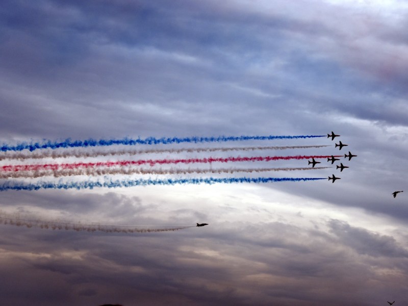 Chicago, IL August 17, 2019, The Royal Air Force Aerobatic Team – Red Arrows performing at the Chicago Air and Water Show, flying in formation with smoke trails