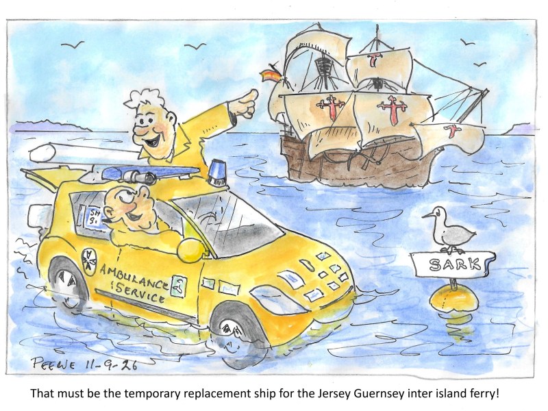 A floating car and a galleon. That must be the temporary replacement ship for the Jersey Guernsey inter island ferry!