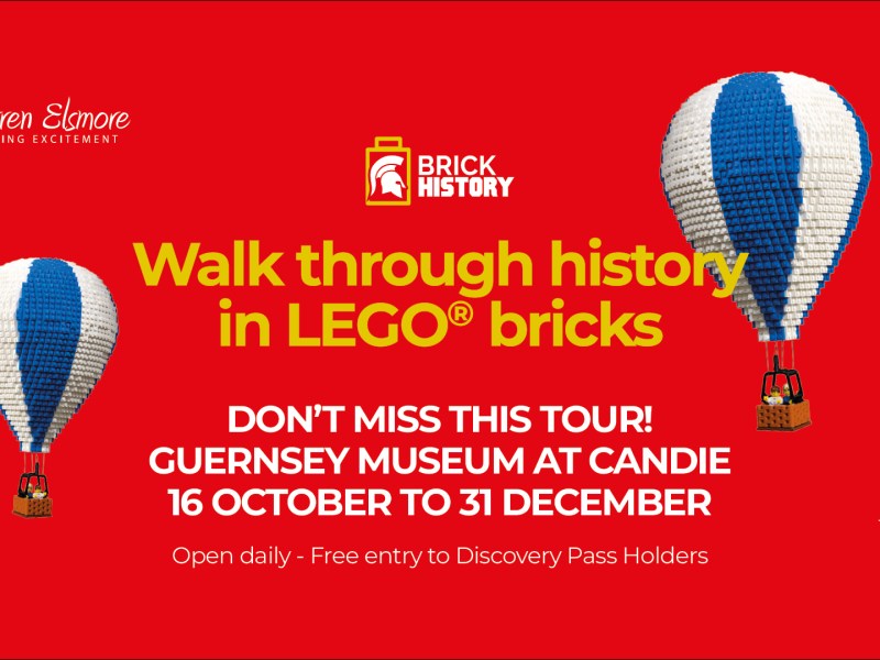 A red background on a poster about walking through history with Lego bricks, there are also three blue and white hot air balloons made from lego floating