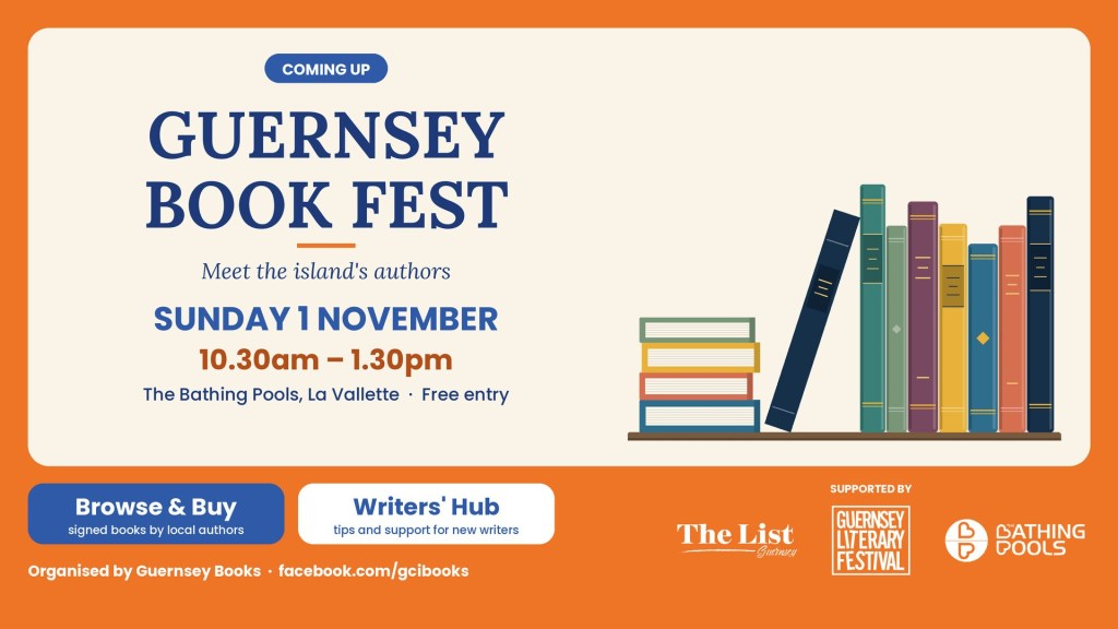 An orange poster for the book fest including the details and some books stood up