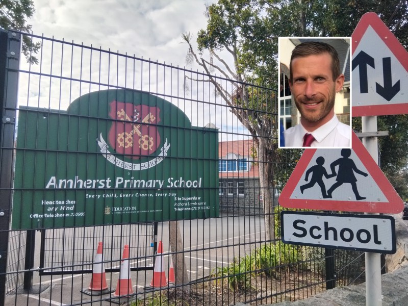 A man's photo imposed over a picture of Amherst School, Guernsey