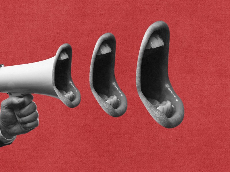Megaphone projecting open mouths in surreal communication collage. Concept of media noise, political propaganda, endless speech, and manipulation of collective attention.
